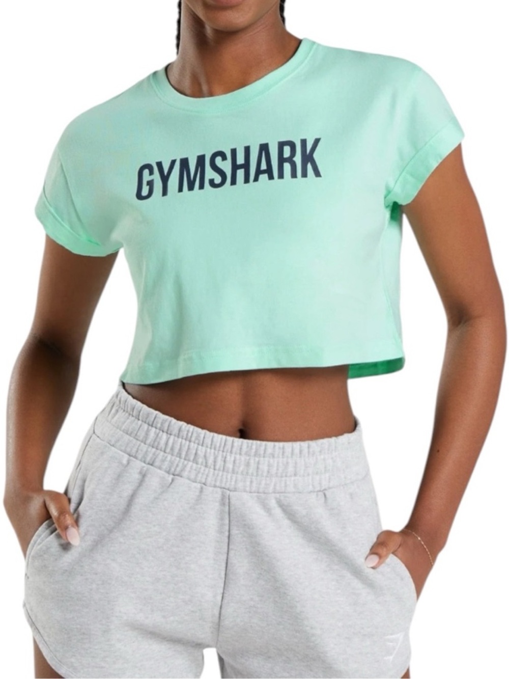 GYMSHARK Apollo Crop Tee Turbo Blue Boxy Logo Workout Gym Top M